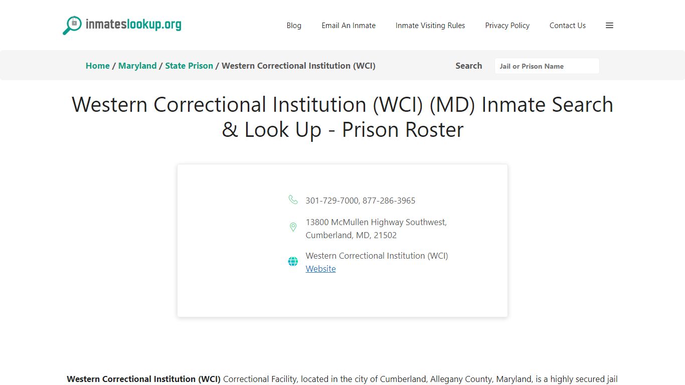 Western Correctional Institution (WCI) (MD) Inmate Search & Look Up ...